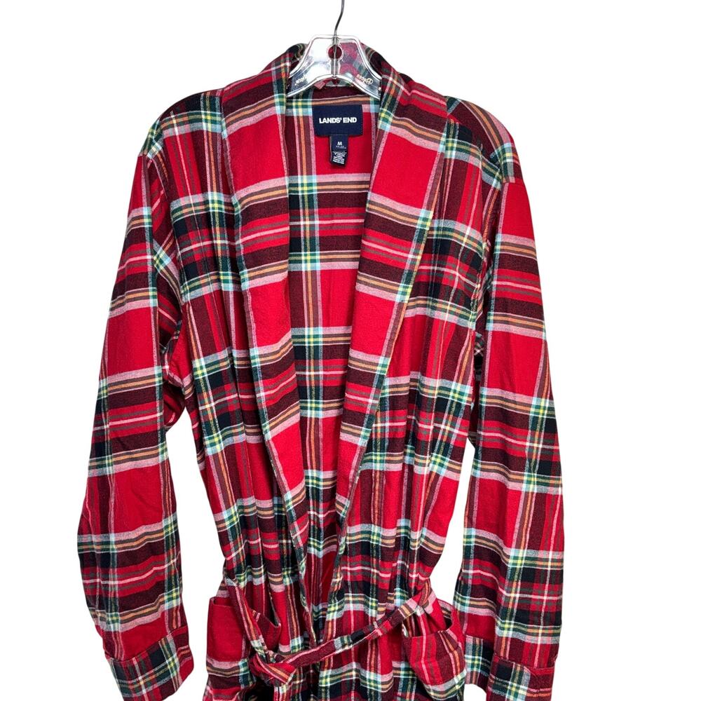Red Plaid Flannel Robe Lands' End Men's Medium Cotton Tartan Tie Close